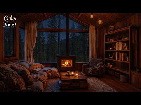 🔥 Rainy Night in a Cozy Woodland Cabin 🌲 Fireplace Sounds for Sleeping, Reading and Stress Relief 😴