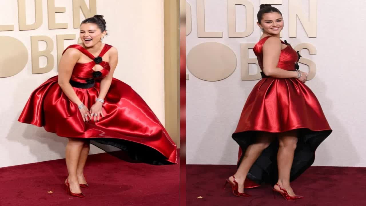 Selena Gomez suffers wardrobe malfunction on Golden Globes red - YouTube