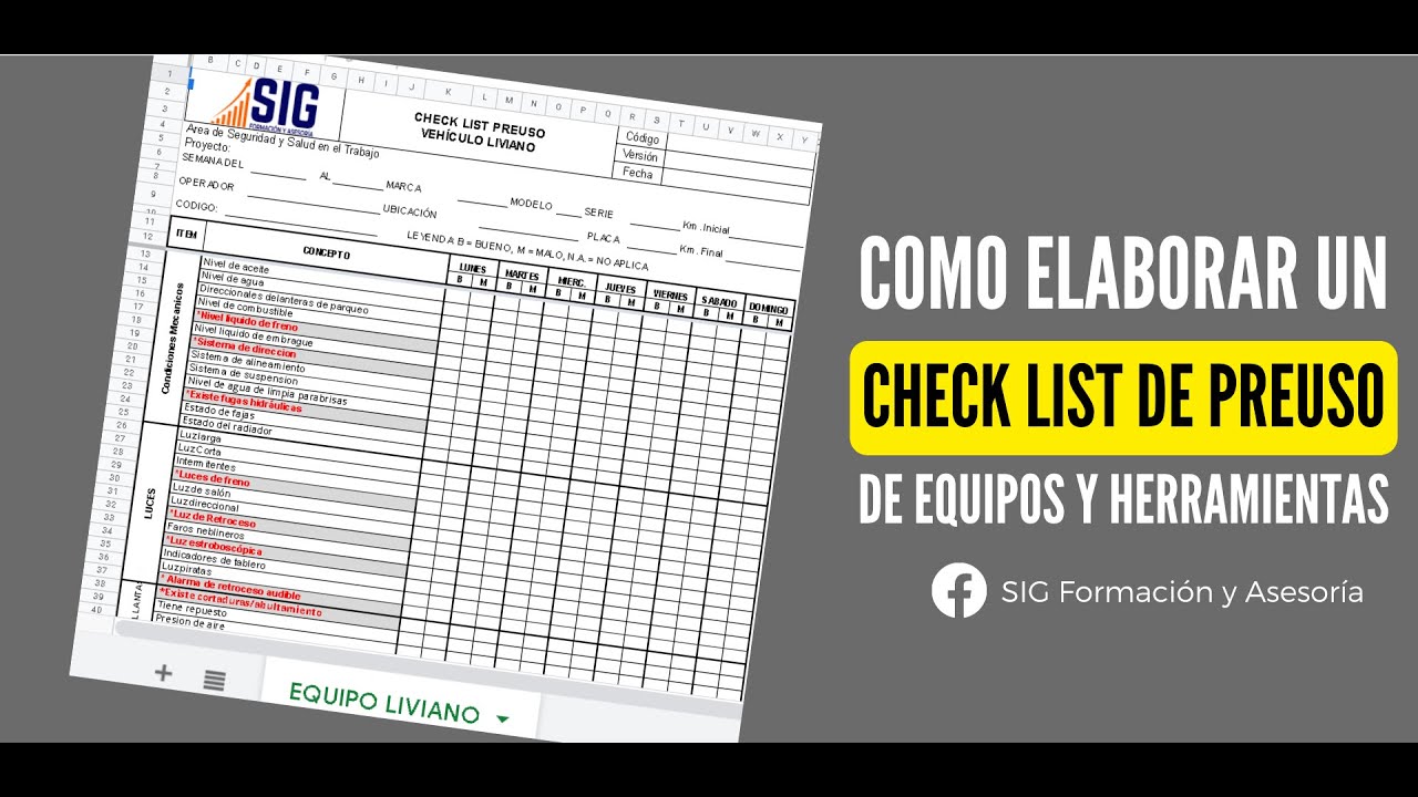 Cómo hacer el CHECK LIST de preuso de VEHÍCULOS, EQUIPOS, HERRAMIENTAS? //  En excel - YouTube