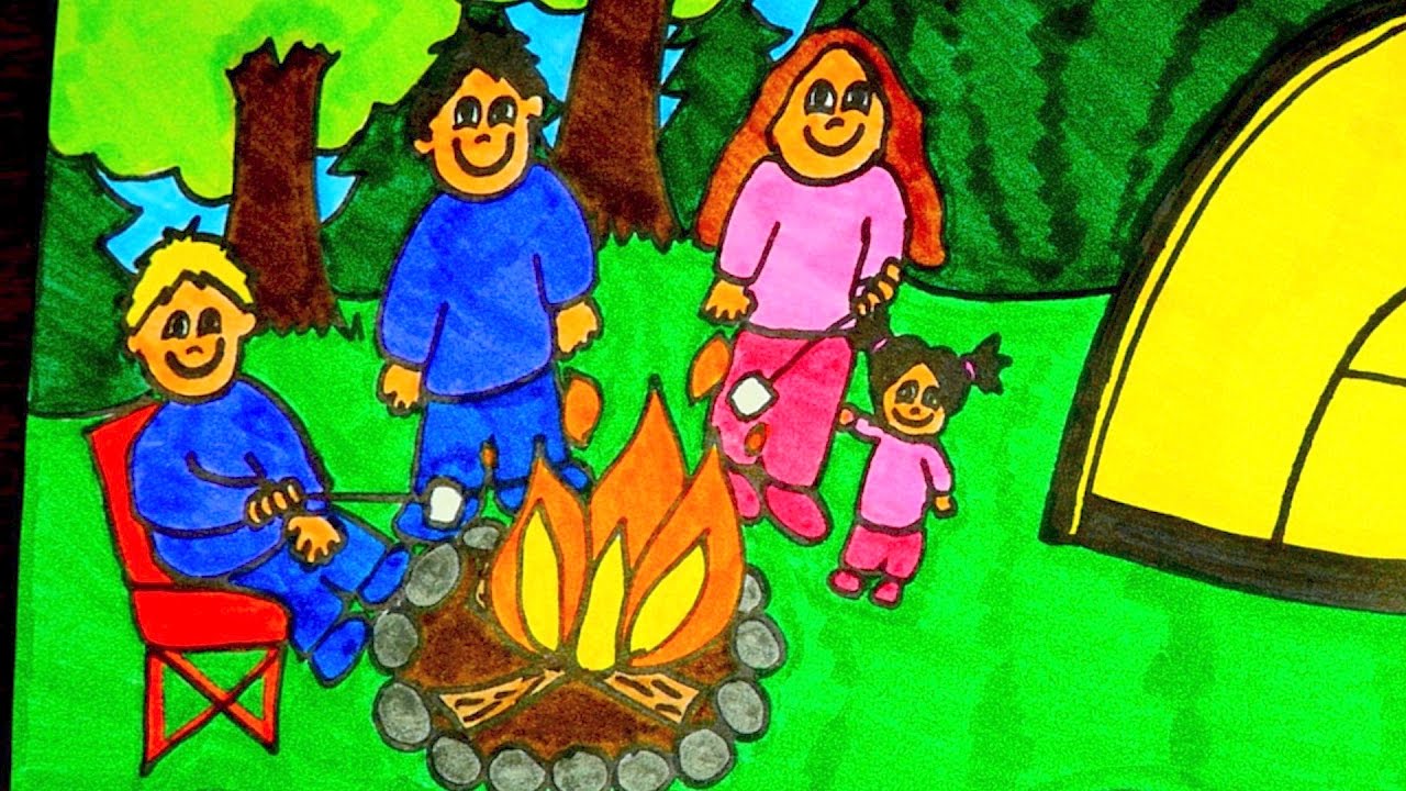 How To Draw A Camping Scene Kids Coloring Video YouTube