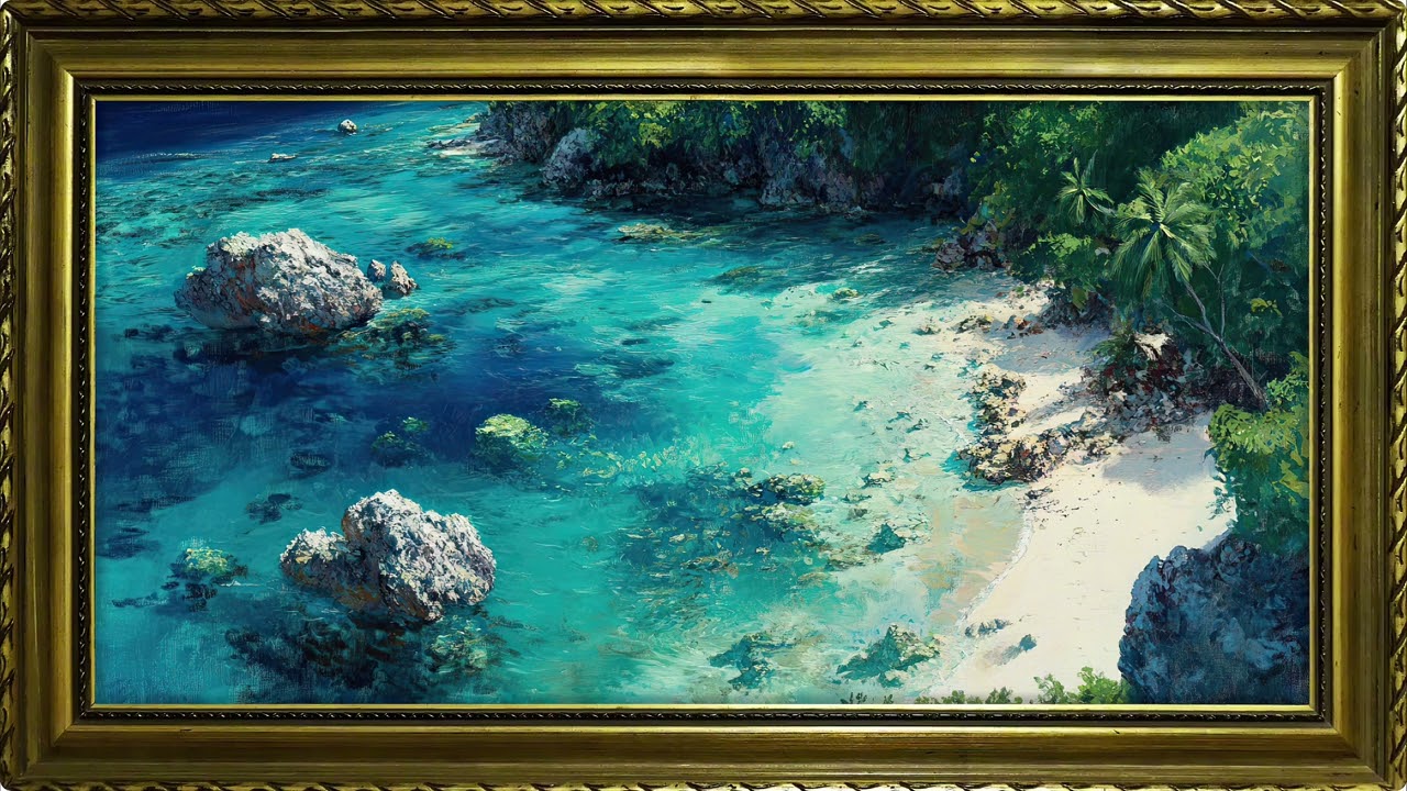 Tropical Beach Vintage Oil Painting for TV Art Display | Elegant Golden Frame Wall Decor | 2H