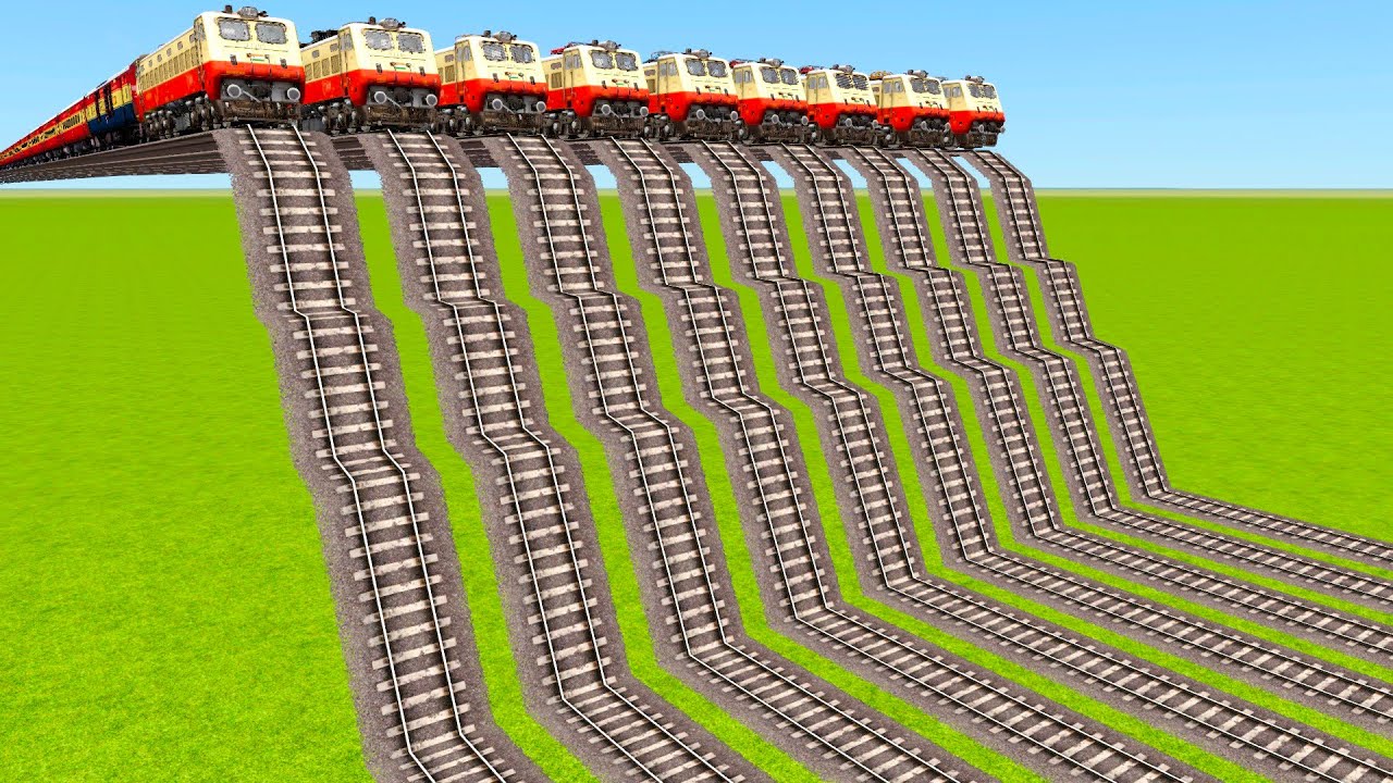 NINE MULTIPLE TRAINS DANGEROUSLY SLEEPED AND CRASHED AT DOWN STAIRS RAILROAD TRACKS|Train simulator