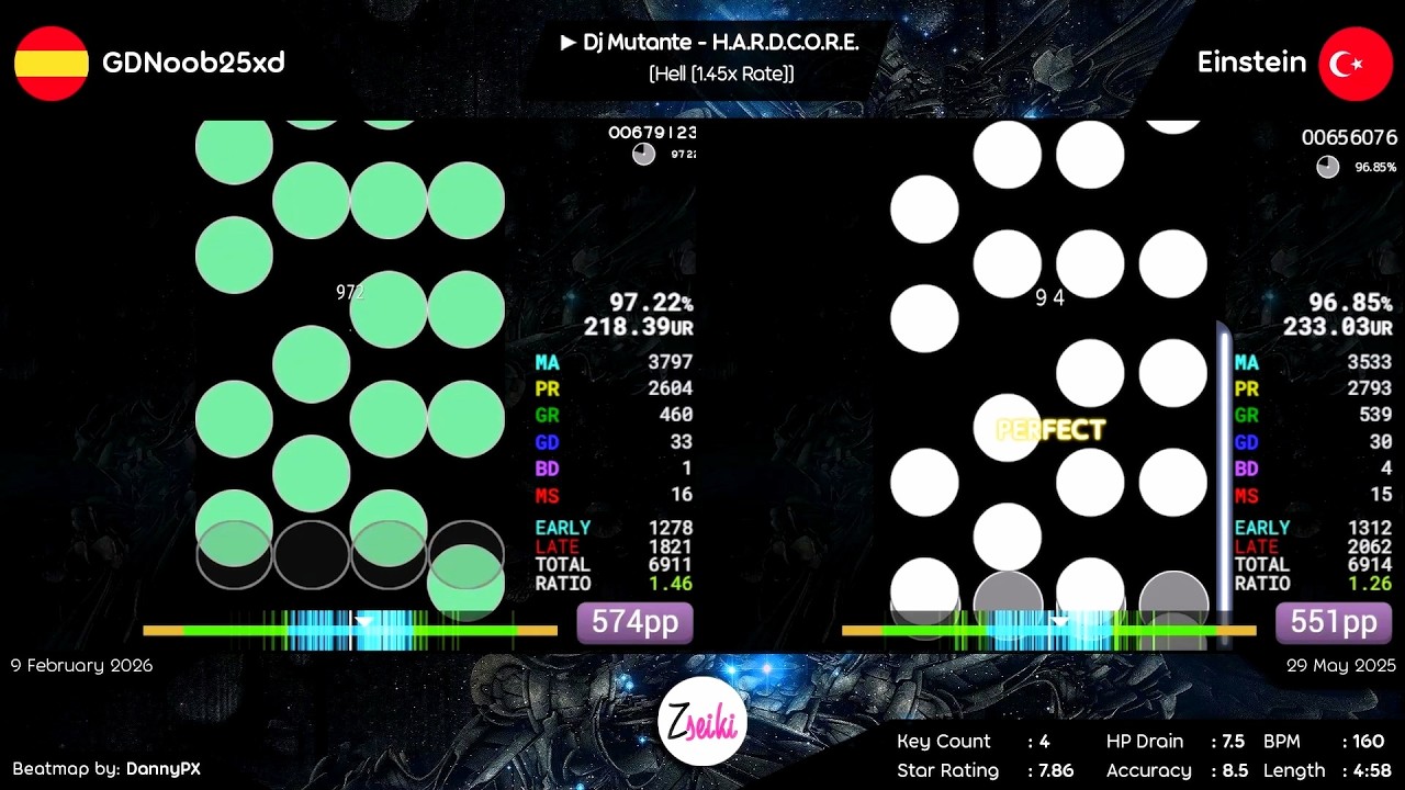 GDNoob25xd vs Einstein | Dj Mutante - H.A.R.D.C.O.R.E. [Hell [1.45x Rate]] - osu! mania