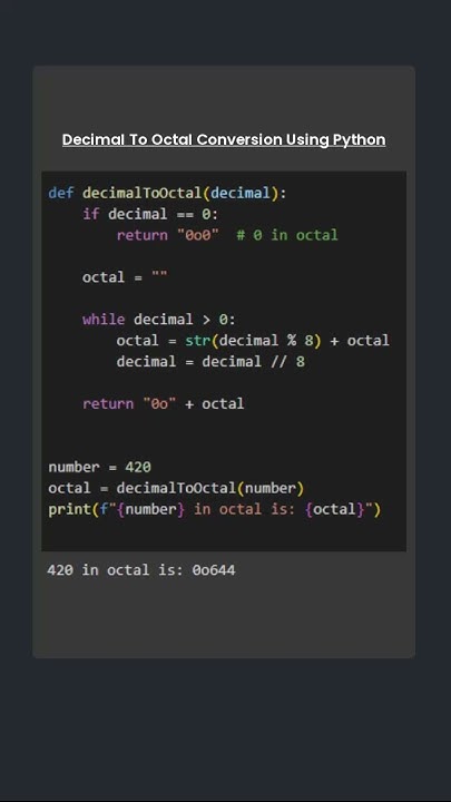 Python Program To Convert Decimal To Octal Code #zeroones #python - YouTube