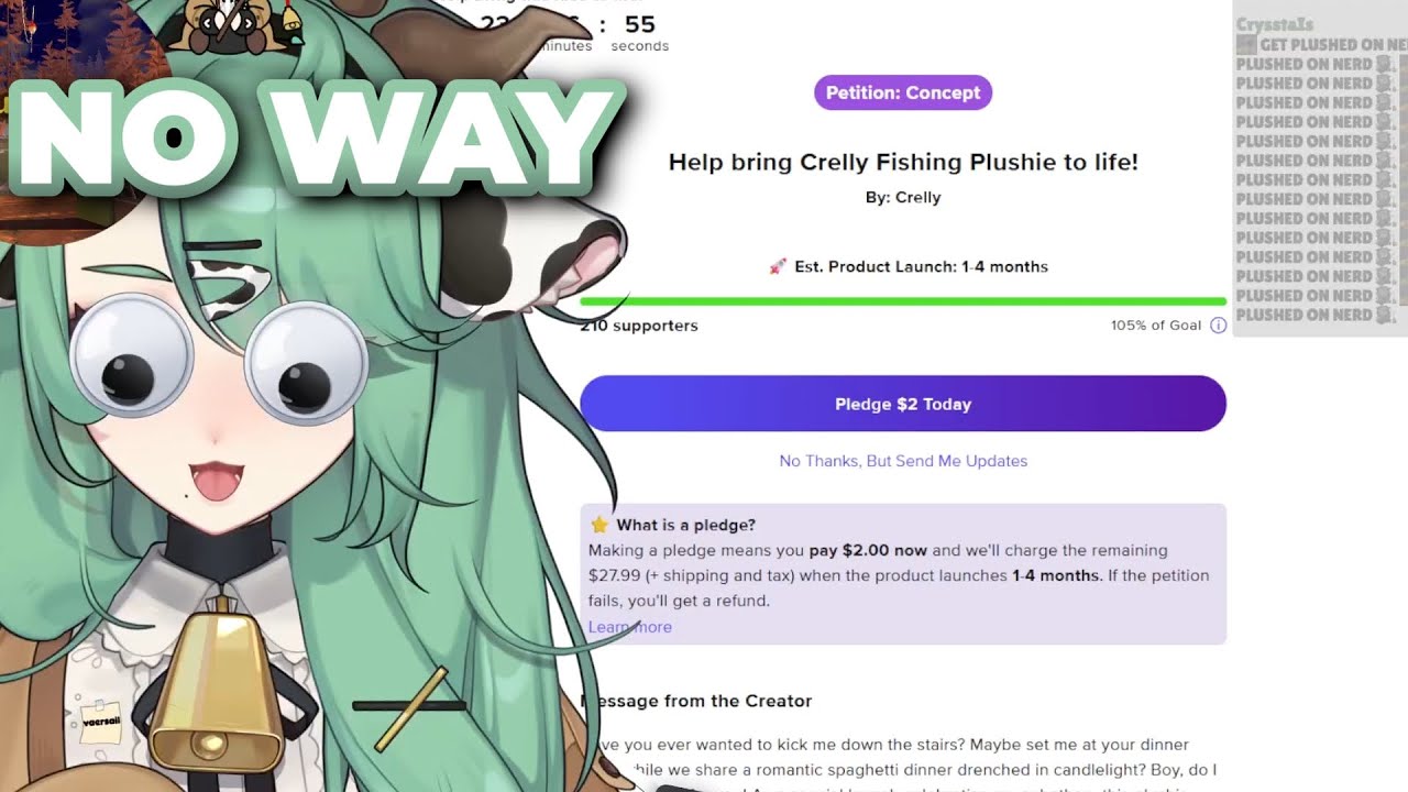 Crelly's plushie beat the petition goal in less than 4 minutes after launch