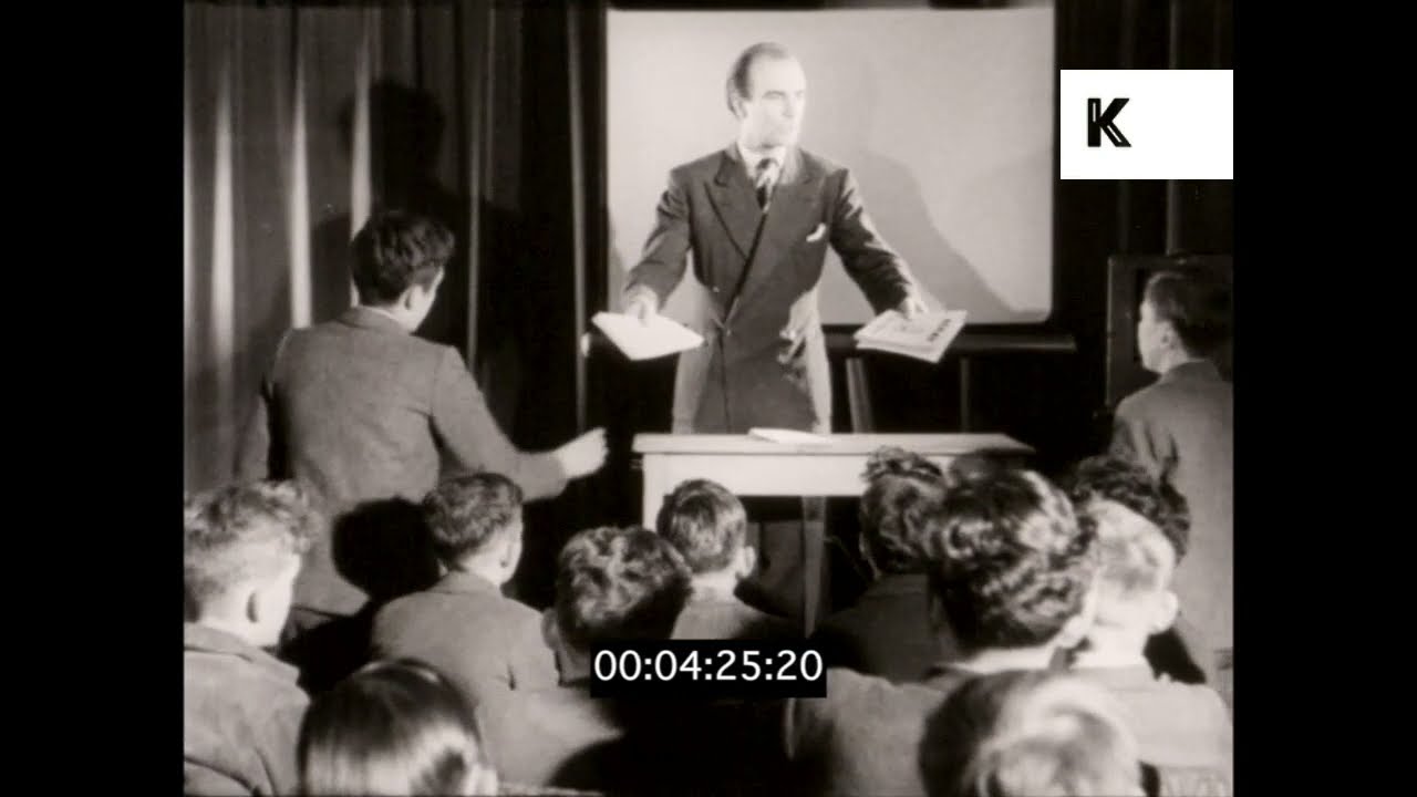1930s UK, Teacher Giving Lecture to Schoolboys, Classroom, Education, 16mm