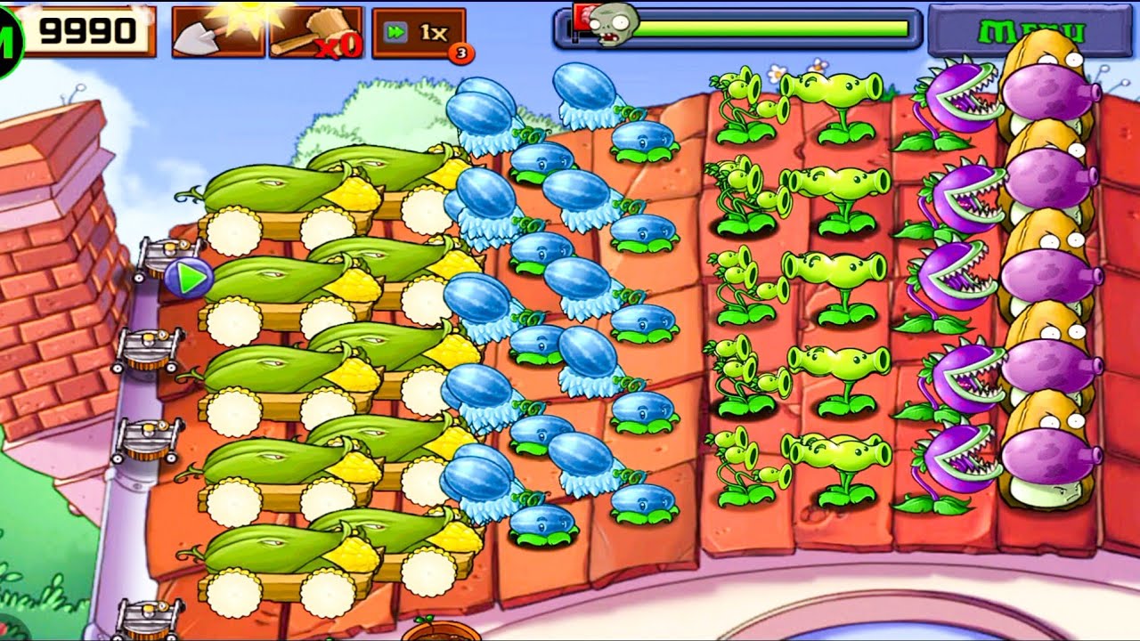 Plants Vs zombies Survival Roof Cob Cannon+Snow Melon Pult+Threepeater Vs All Zombies Gameplay 