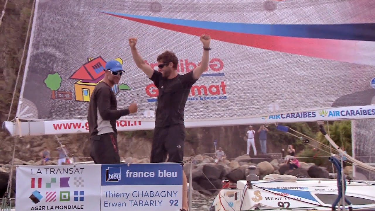 L' ARRIVEE EN VAINQUEURS DE CHABAGNY ET TABARLY SUR GEDIMAT - TRANSAT AG2R LA MONDIALE