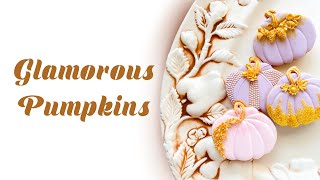 Beautiful Purple Glamorous Pumpkins with golden accents. Fall cookies. Satisfying cookie decorating.