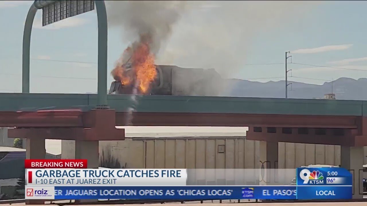Garbage truck catches fire on I-10 East at Juarez exit - YouTube