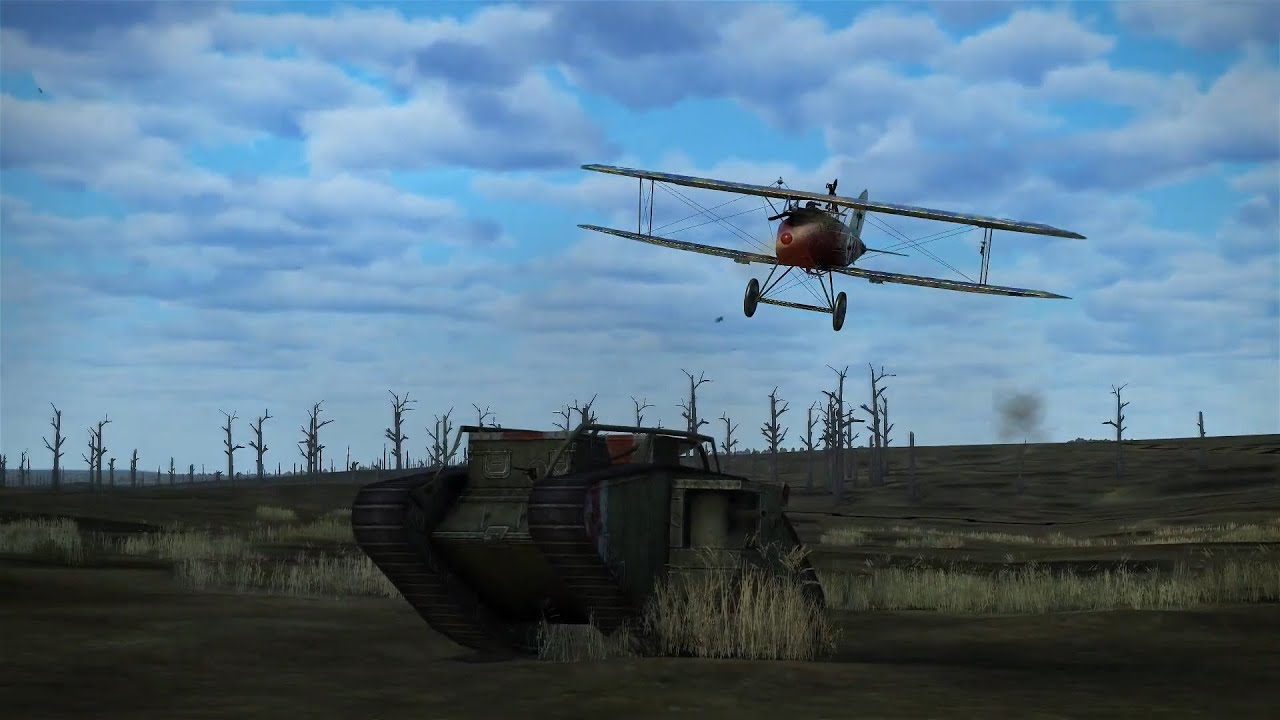 Plane vs. Tank in 1918 - Halberstadt CL.II attacking MkIVs, IL☆2 Multiplayer Gameplay