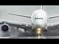 AIRBUS A380 LANDING ON A WET RUNWAY + BOEING 757 smokey CROSSWIND LANDING (4K)