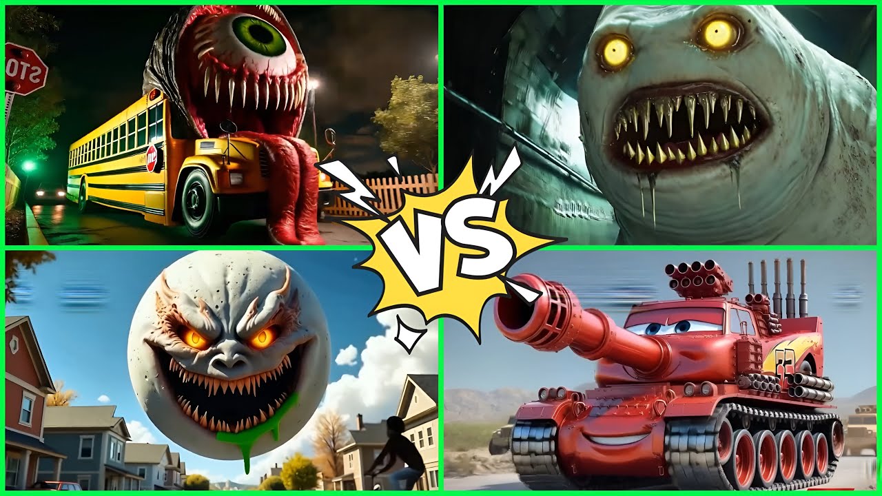 "MONSTER VEHICLES BATTLE! Scary School Bus vs Evil Tank vs Killer Moon vs Sewer Beast 😱🚨"