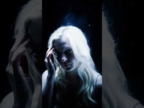 A blonde with a serious face raises her hand to remove her hair from her face