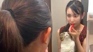 何してるの？ママのメイクが気になる猫