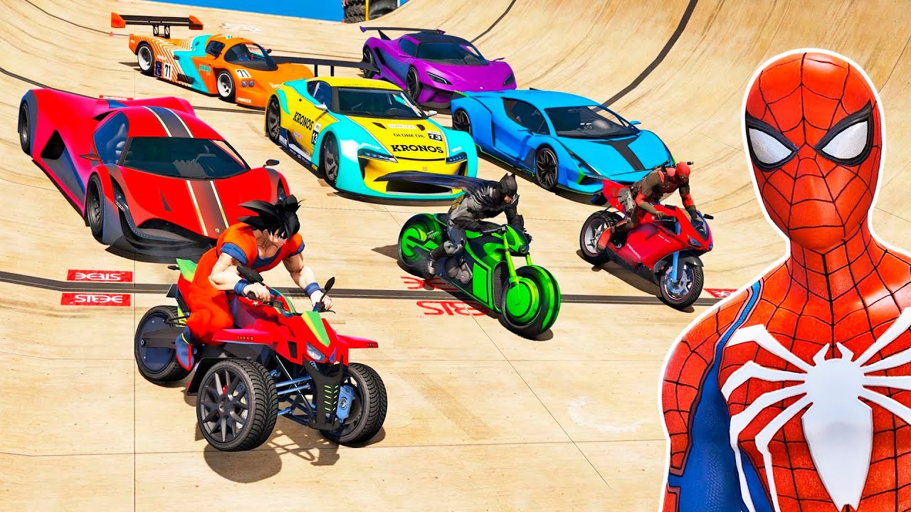 SUPER CARROS com Homem Aranha e Heróis! Corrida com Saltos na