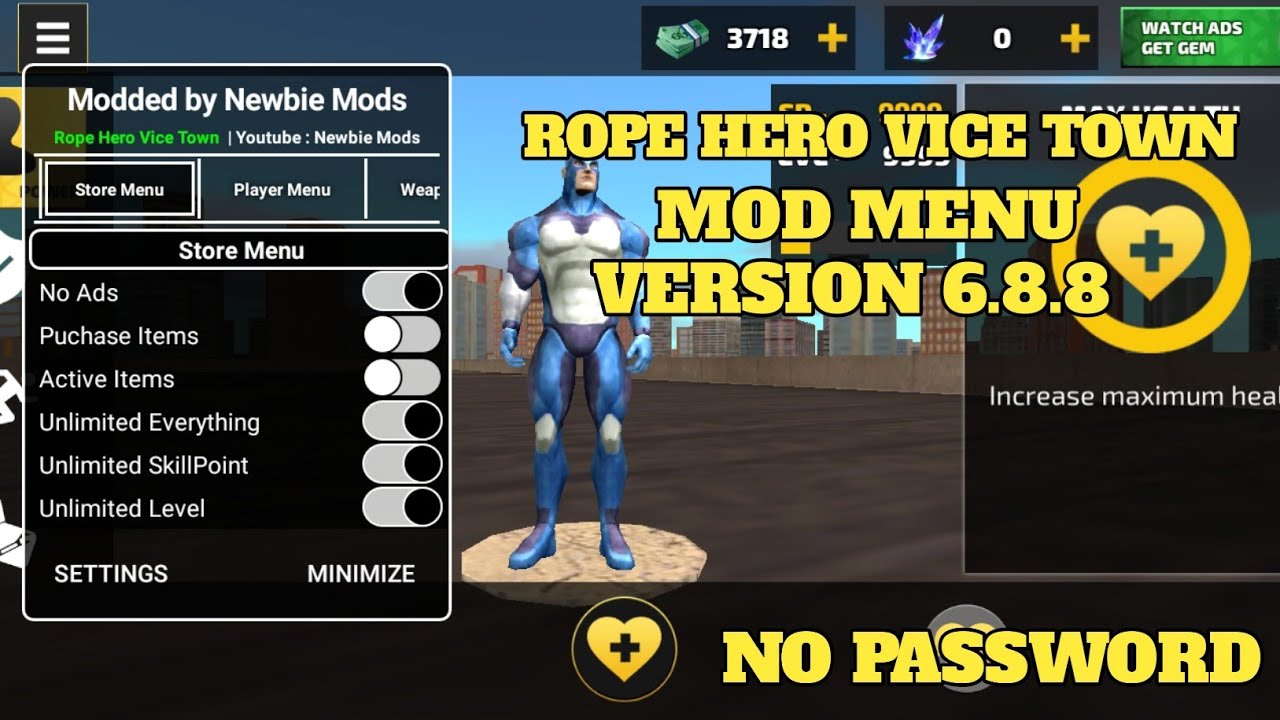 Rope Hero Vice Town Mod Menu Version 6.8.8 | No Password | Added New Feature