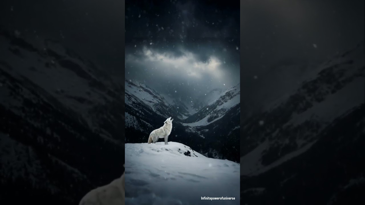 Silent strength meets the storm. A lone white wolf howls atop its kingdom of ice and snow