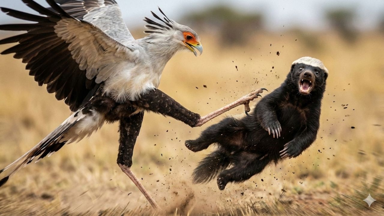 Впервые столкнувшись с этими длинными ходулями, медоед понимает, что встретил достойного противника.