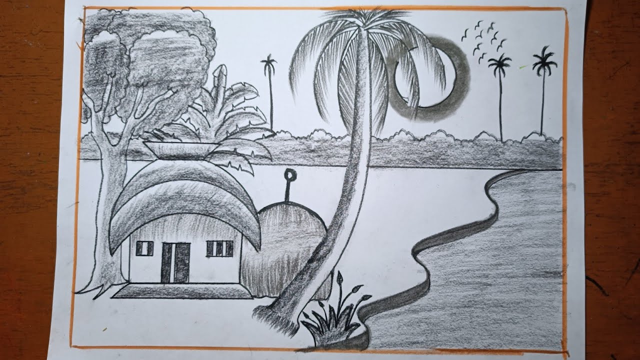 Nature drawing hard and beautiful with pencil/Indian village scenery drawing/Sundar scenery drawing