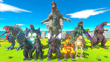 Team Evolved Godzilla and Godzilla 2014 vs Team Ghidorah and Shimo - Animal Revolt Battle Simulator