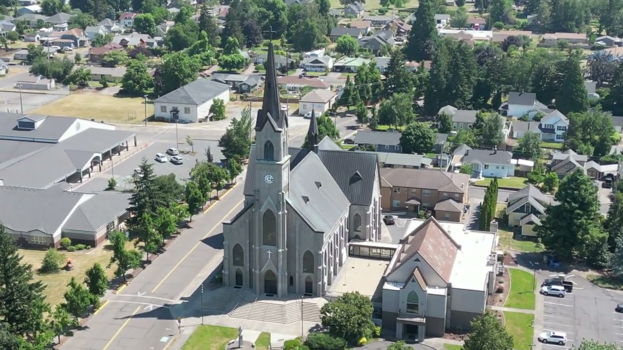 Drone Footage of Saint Mary Catholic Church Mt Angel Oregon, City