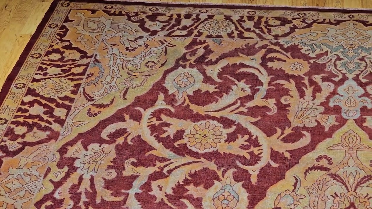 19th Century Room Size Indian Amritsar in Burgundy, Blue, Pale Yellow, 