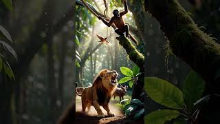 Monkey Hanging on Trees While Lion Attacks