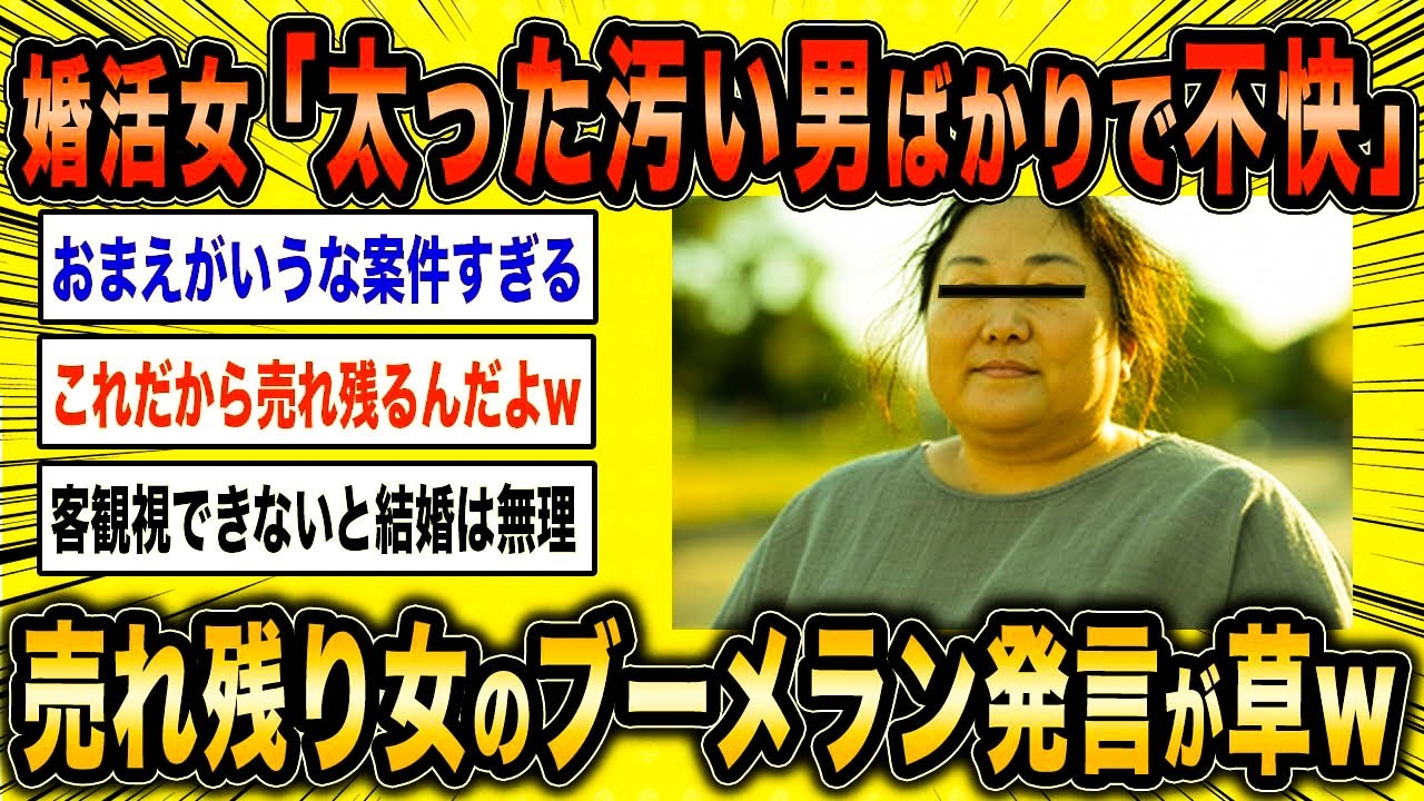 【2ch面白いスレ】売れ残り女「太った汚い男しかいなくて結婚できない」←婚活女さんブーメラン発言連発で暴走ww【ゆっくり解説】