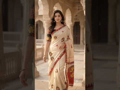 Beige Cotton Checked Hand-Print Saree with Folk Art