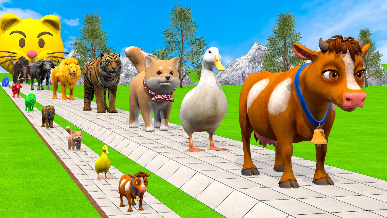 Long Slide Game With Cow Elephant Gorilla Hippopotamus Tiger - 3d Animal Game - Funny 3d Animals