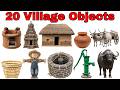 20 Village Objects Name for Kids 🚜 | Learn Village Items Name in Hindi &amp; English | Kids Learning
