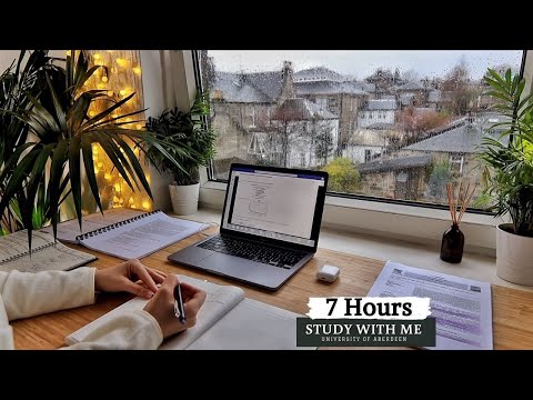 7 HOUR STUDY WITH ME on a RAINY DAY | Background noise, 10-min Break, No music, Study with Merve