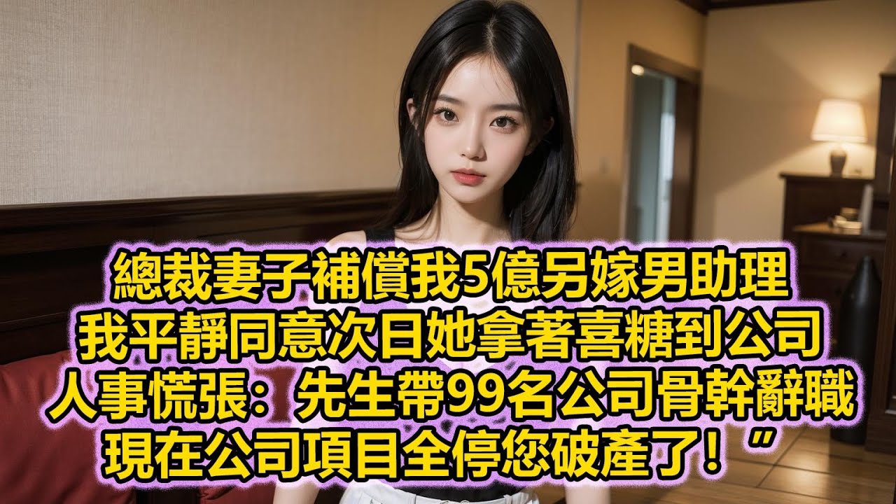 總裁妻子補償我5億另嫁男助理，我平靜同意次日她拿著喜糖到公司，人事慌張：先生帶99名公司骨幹辭職，現在公司項目全停您破產了！”