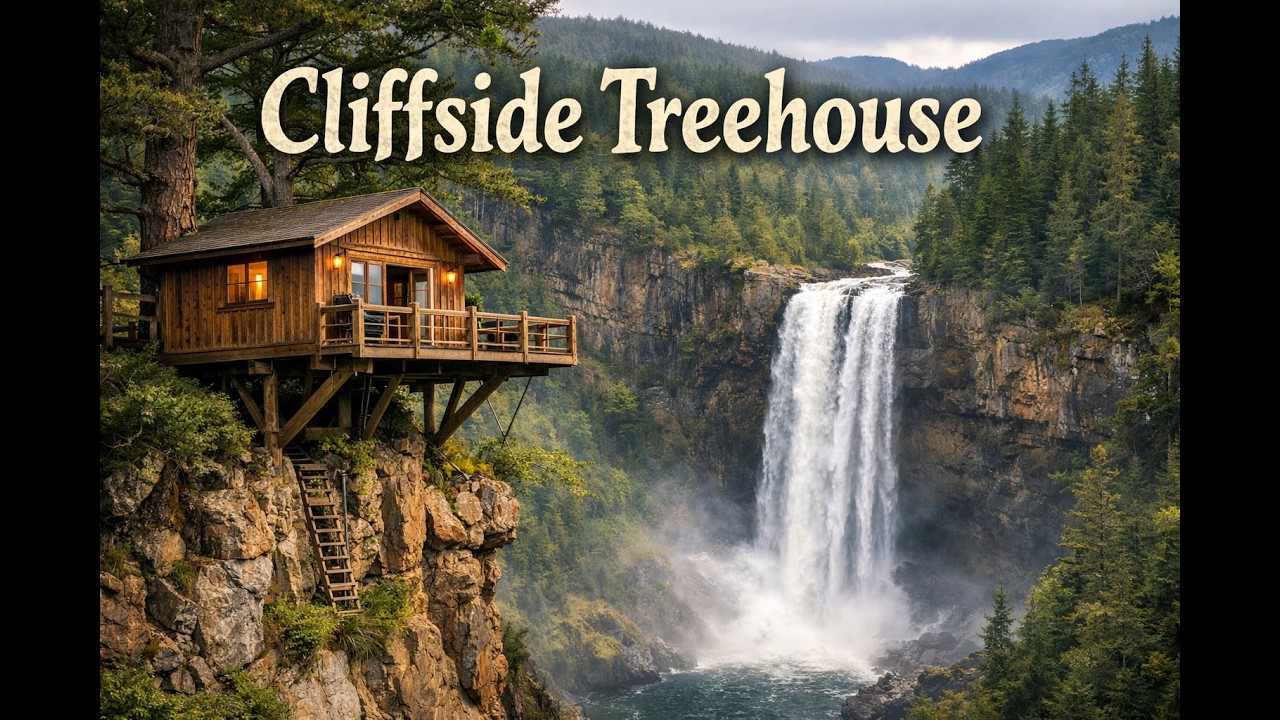 Building a Tree House on a High Cliff Above a Waterfall | Relaxing ASMR Nature Sounds