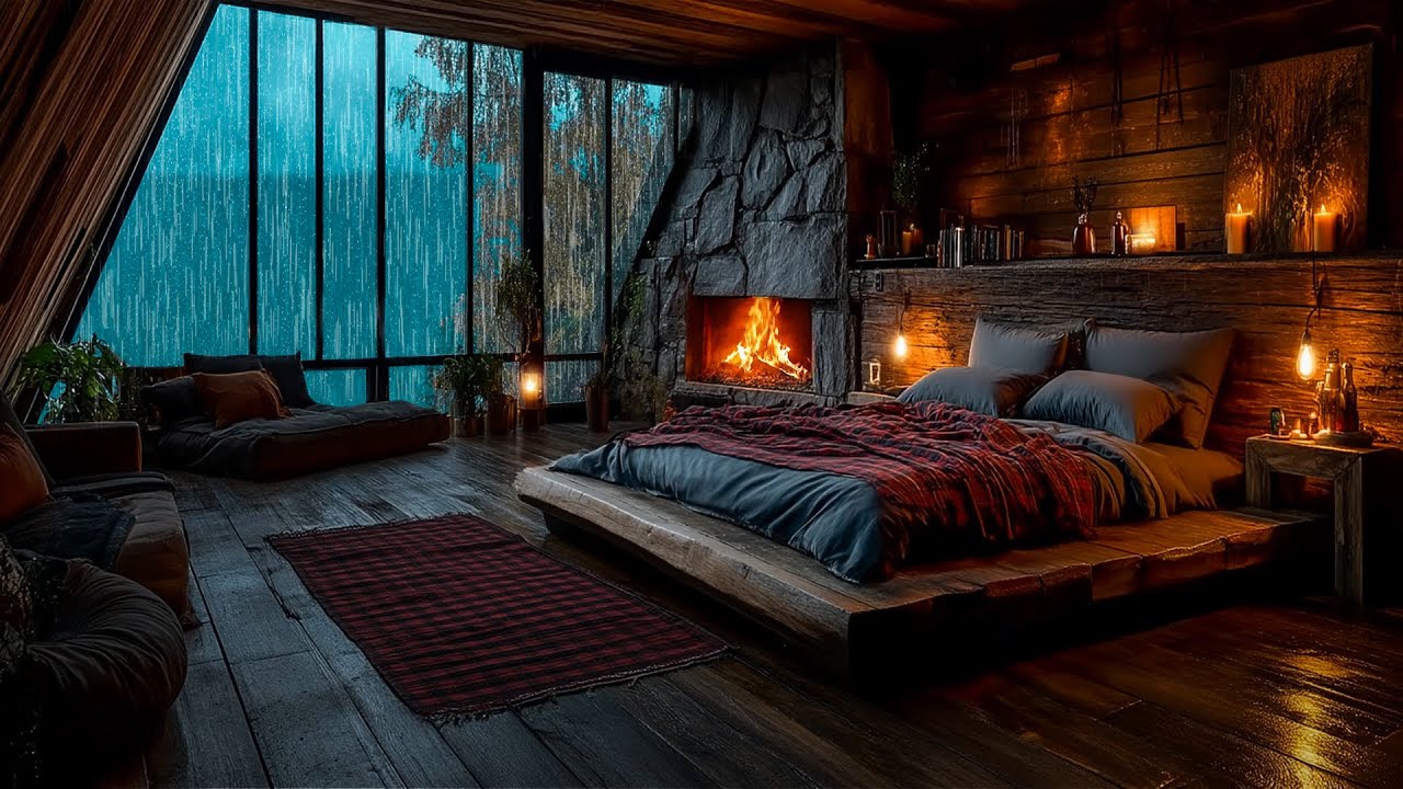 Cozy Rainy Night in Cabin Bedroom 🌧️ Heavy Rain & Crackling Fireplace ...