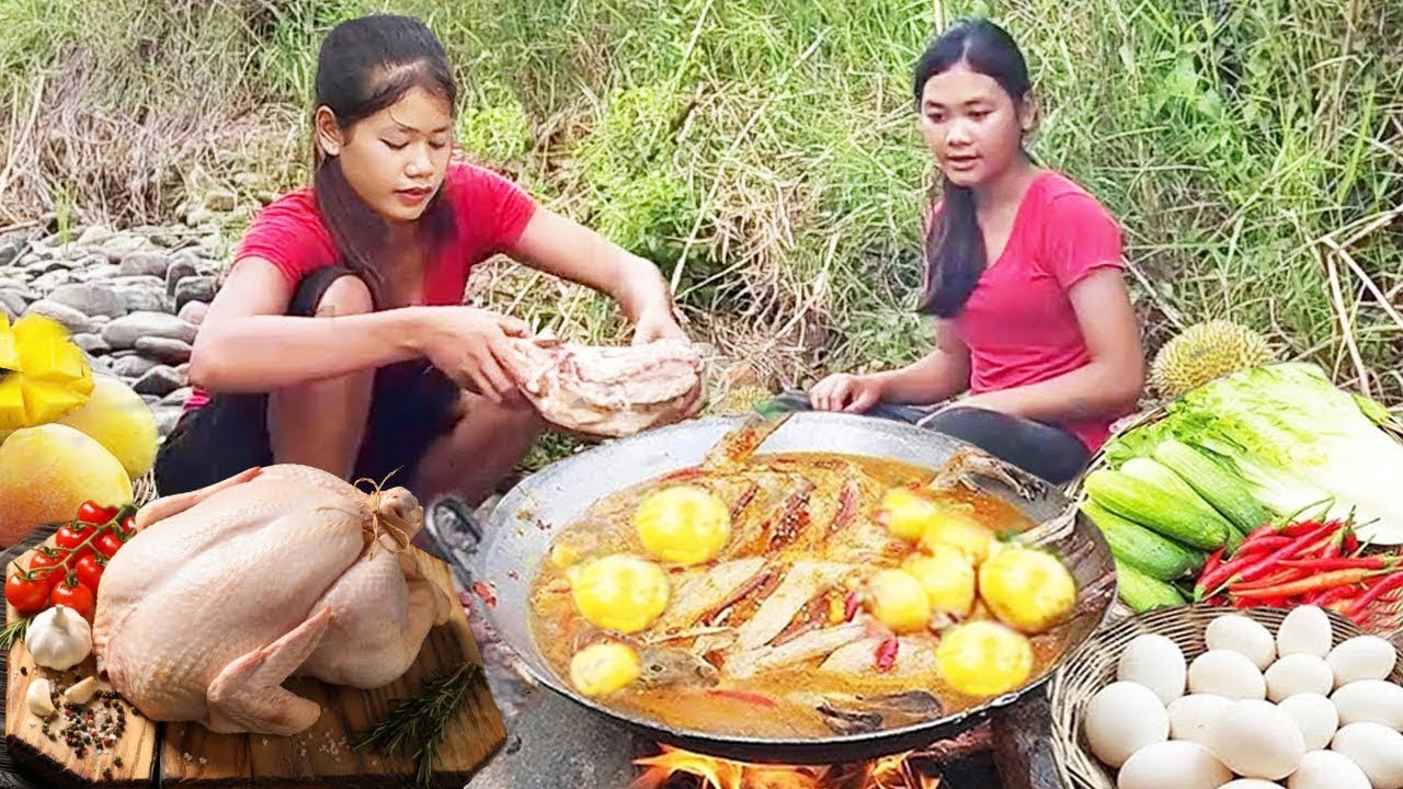Spicy Forest Campfire Recipe with Big Chicken Soup Cooking Outdoor & Eating for Lunch