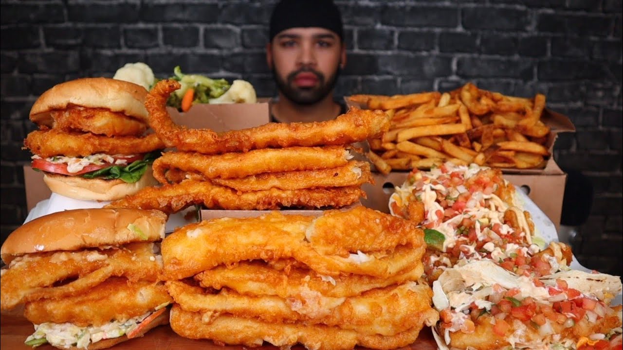 ASMR FISH & CHIPS, FISH TACOS, CRISPY FISH BURGERS, FRIES & GRAVY, AND MIXED VEGETABLES MUKBANG