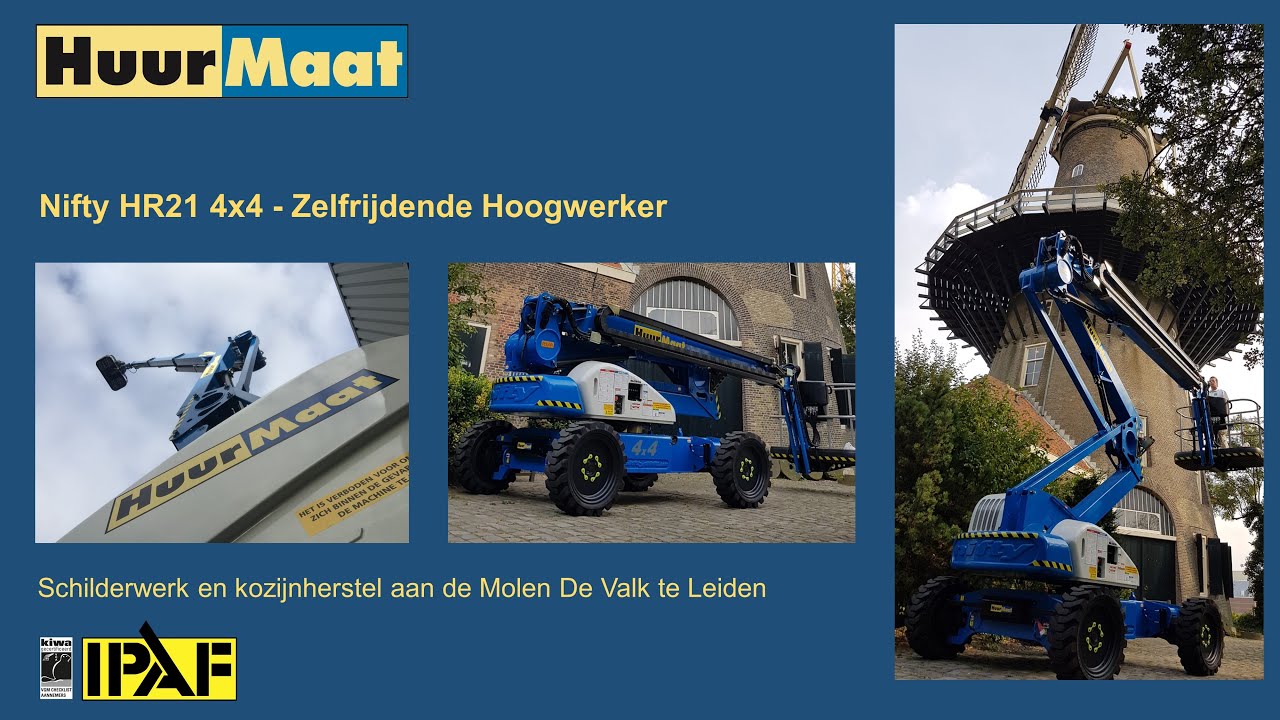 De NIFTY HR21 4x4 zelfrijdende hoogwerker van HUURMAAT in aktie bij Molen de Valk in Leiden.