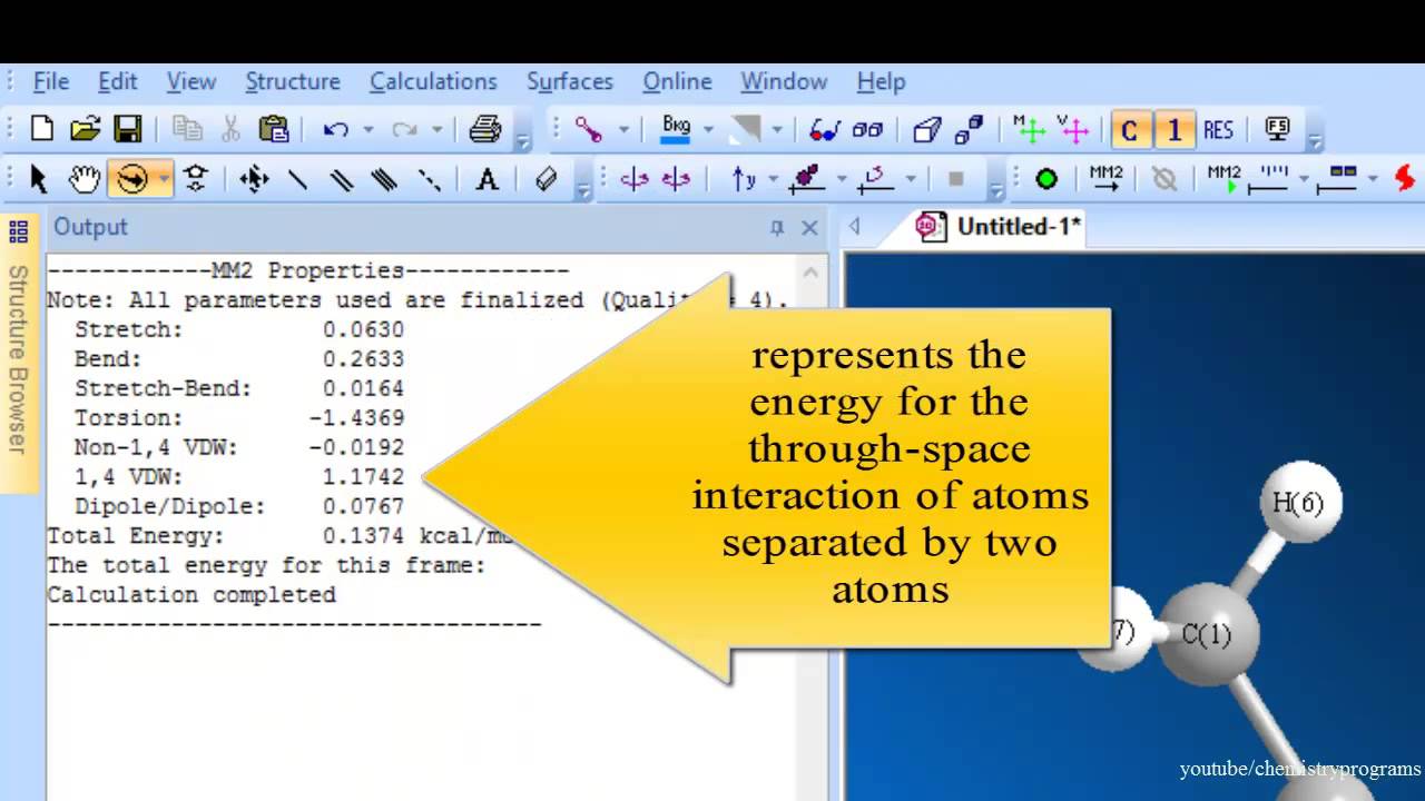 Chem3D tutorial 13 calculate Stretch , Bend  , Torsion and 1,4 van der Waals for butene