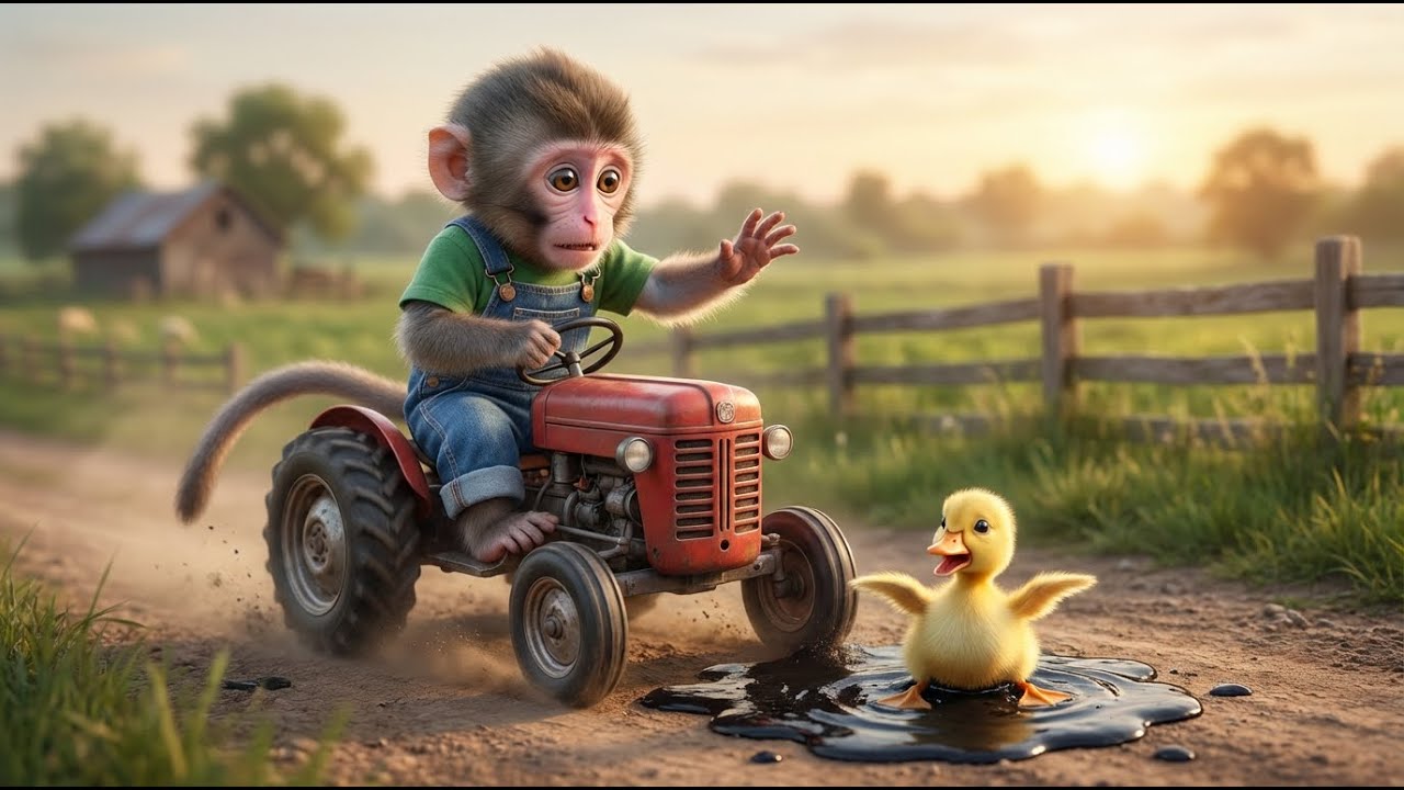 Baby Monkey Saves Duck from a Sticky Road Trap! 🐒🚜🦆 - YouTube