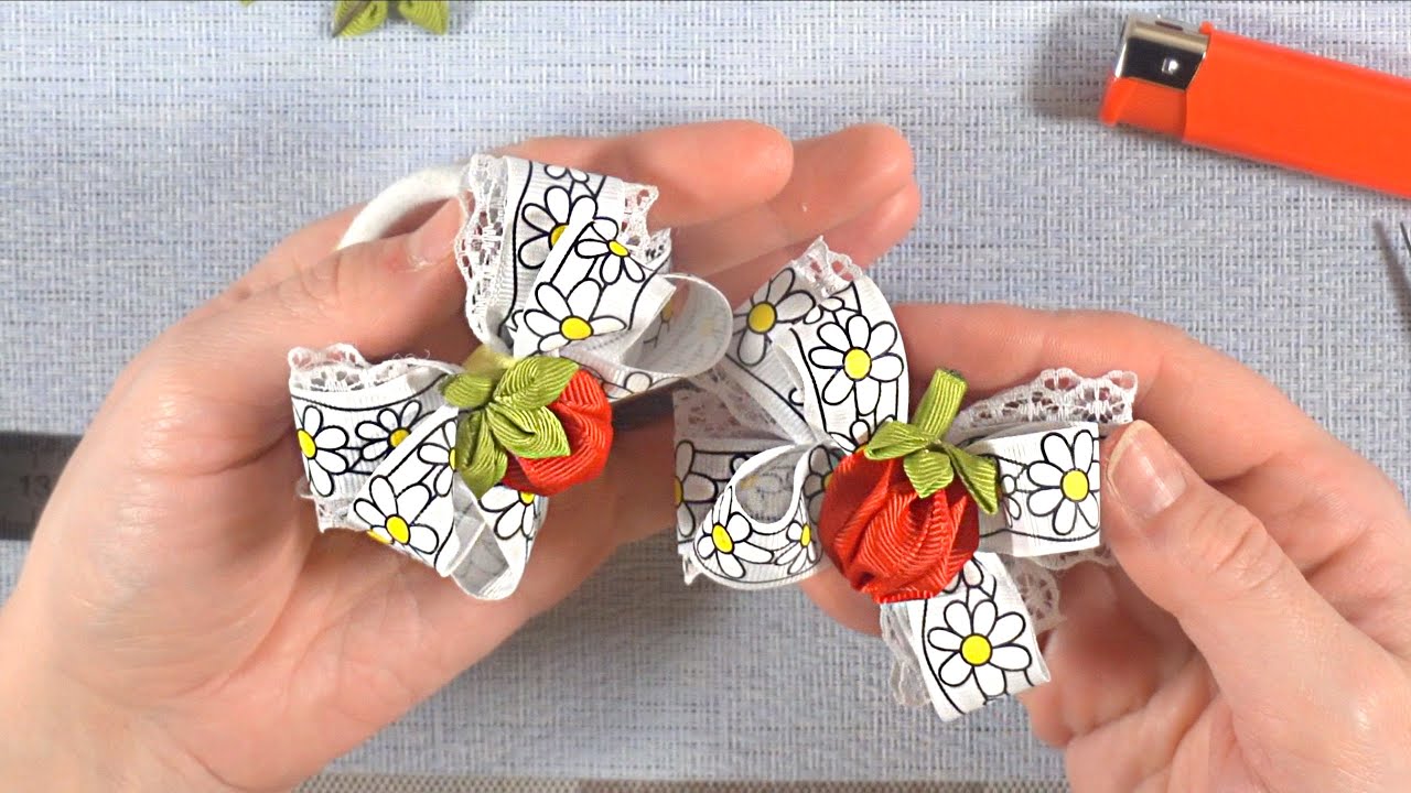 Клубника-земляника из репсовой ленты лепесток Канзаши своими руками diy