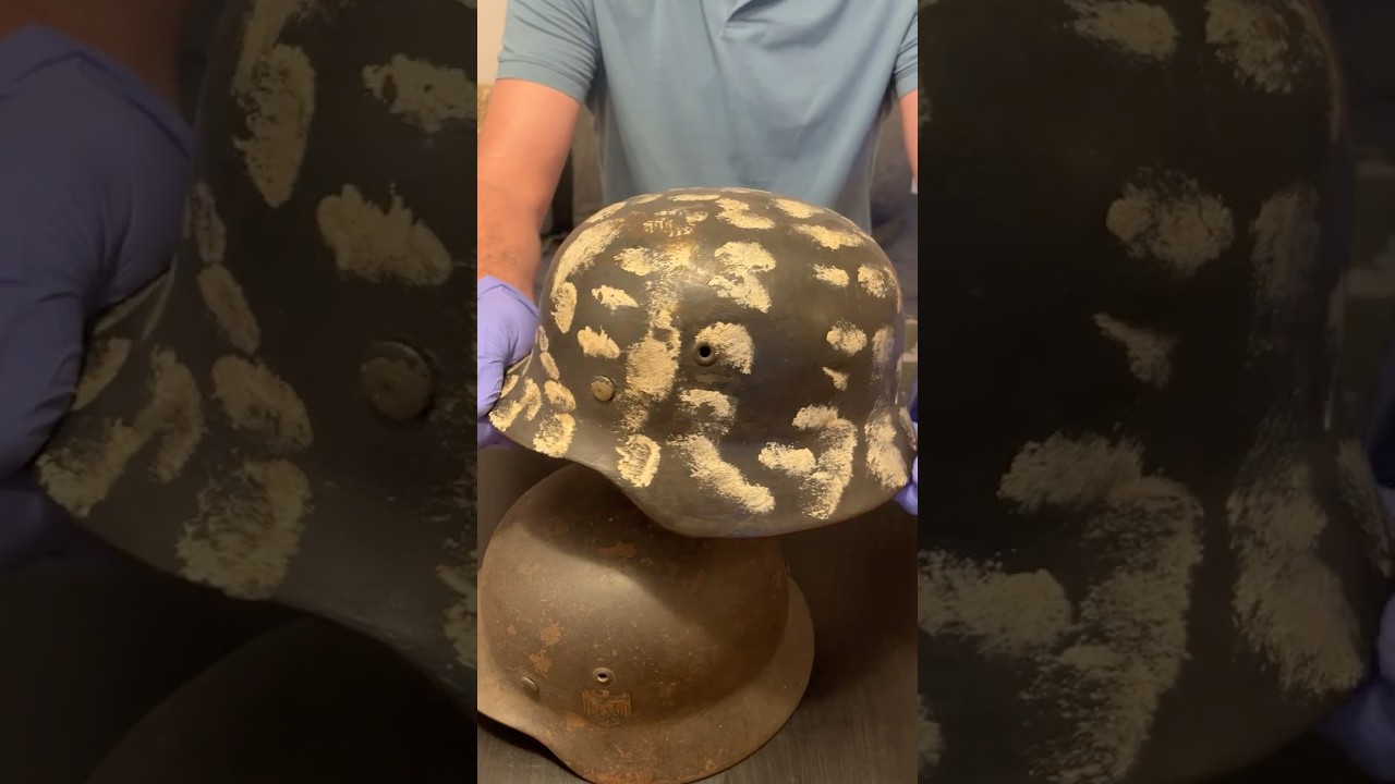 Немецкая каска с зимним камуфляжем «детсадовский горошек»