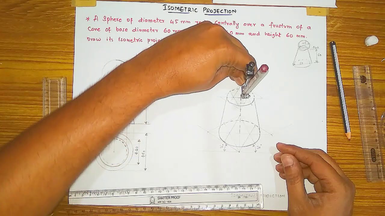 Isometric projection of frustum of cone having Sphere (English)