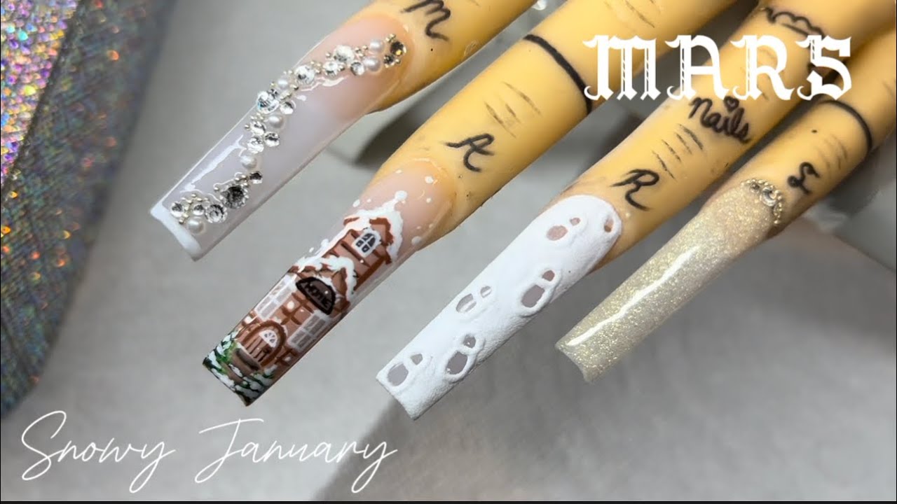 😍Snowy January Nails For My Artsy Girls! | Detailed Nail Art | Bling And Footprints In The Snow!☃️