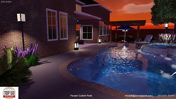 Modern freeform pool with beautiful raised beams and spa