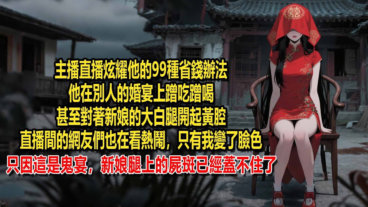 主播直播炫耀他的99種省錢辦法，他在別人的婚宴上蹭吃蹭喝，甚至對著新娘的大白腿開起黃腔，直播間的網友們也在看熱鬧，只有我變了臉色，只因這是鬼宴，而新娘腿上的屍斑已經蓋不住了