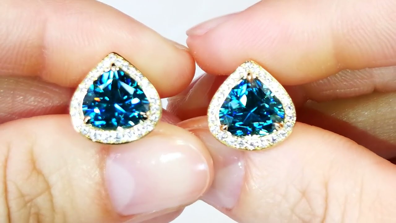 Blue Zircon Earrings with D Flawless Diamonds set in 18K Yellow