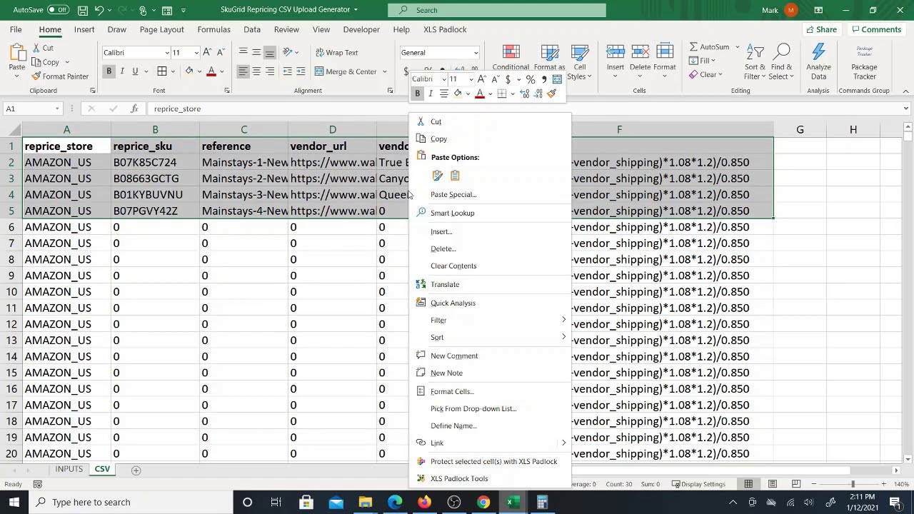 Repricing by ROI for Amazon, Walmart, eBay... - Excel system generates SkuGrid CSV with formulas