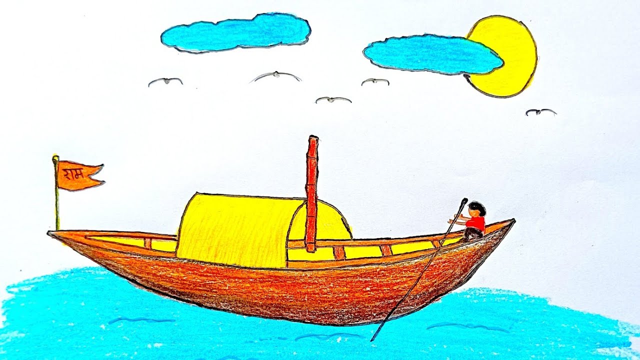 Bengali boat drawing how to colour baot Village boat drawing easily